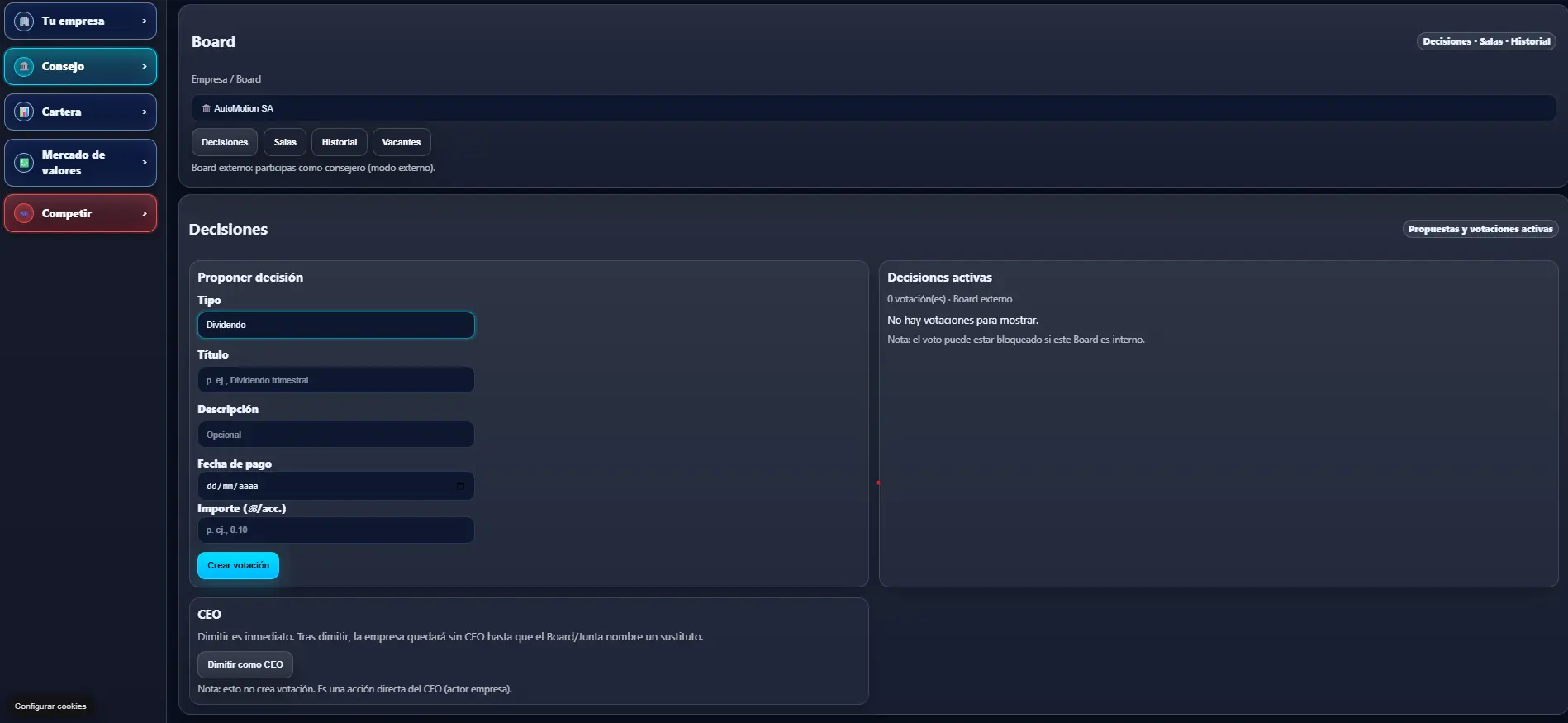 BoardMasters Board screen with IPOs, voting systems and corporate actions