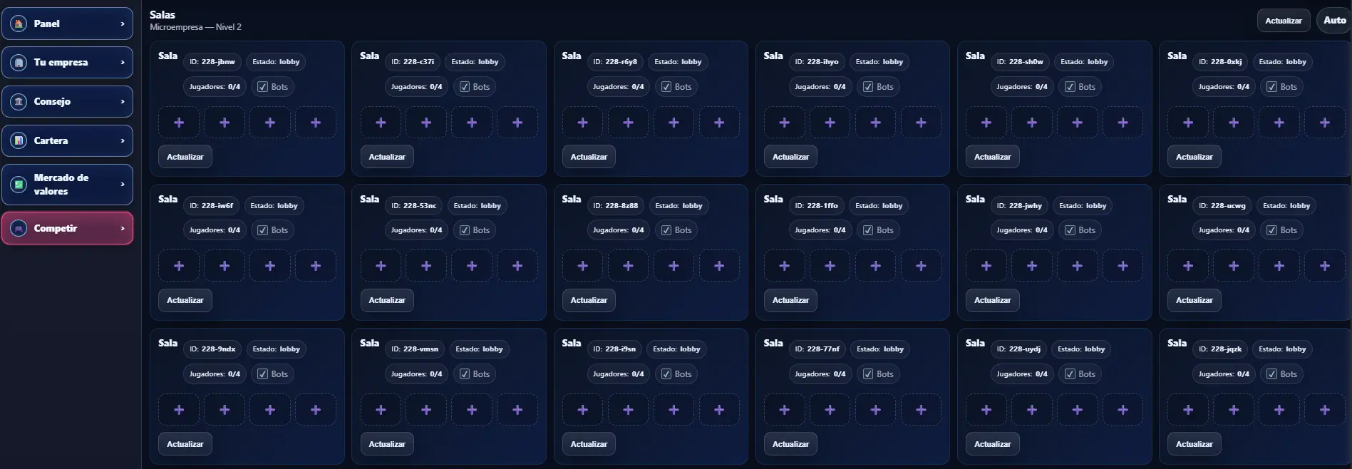 BoardMasters Compete screen with available halls and room access