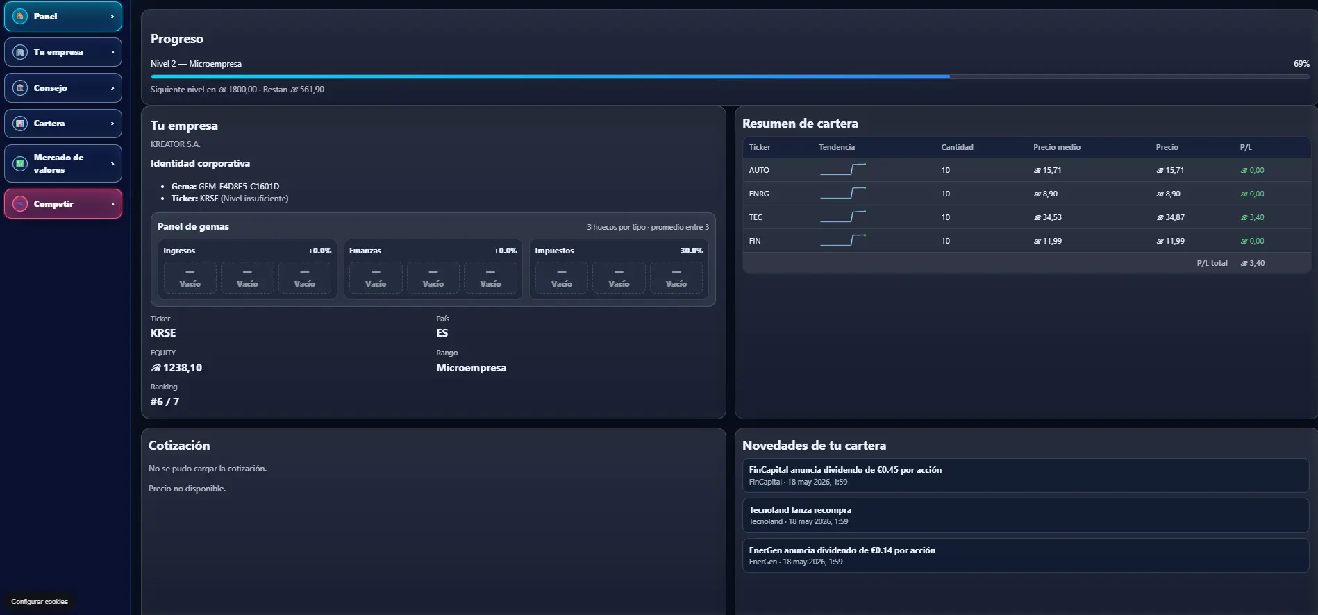 BoardMasters Profile screen showing progress, gems, portfolio, stock price and updates